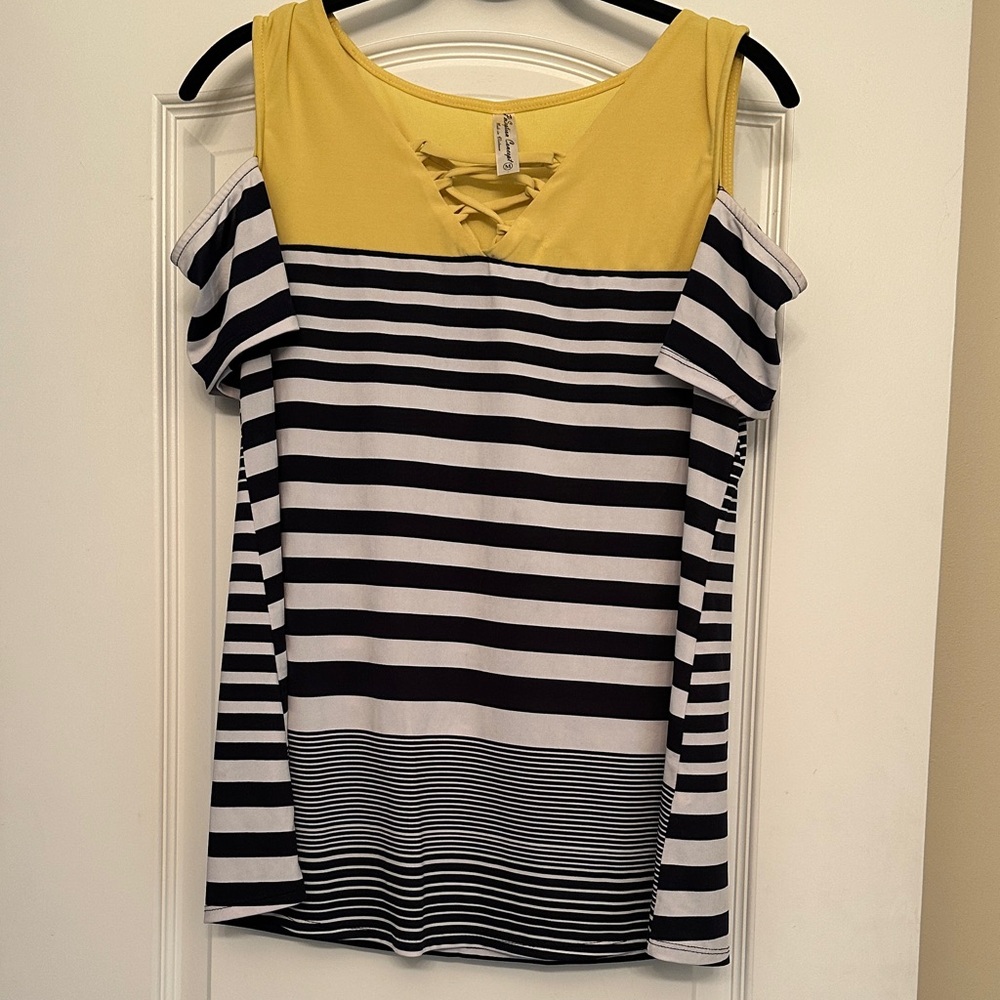 Yellow and Navy Striped Women's Top